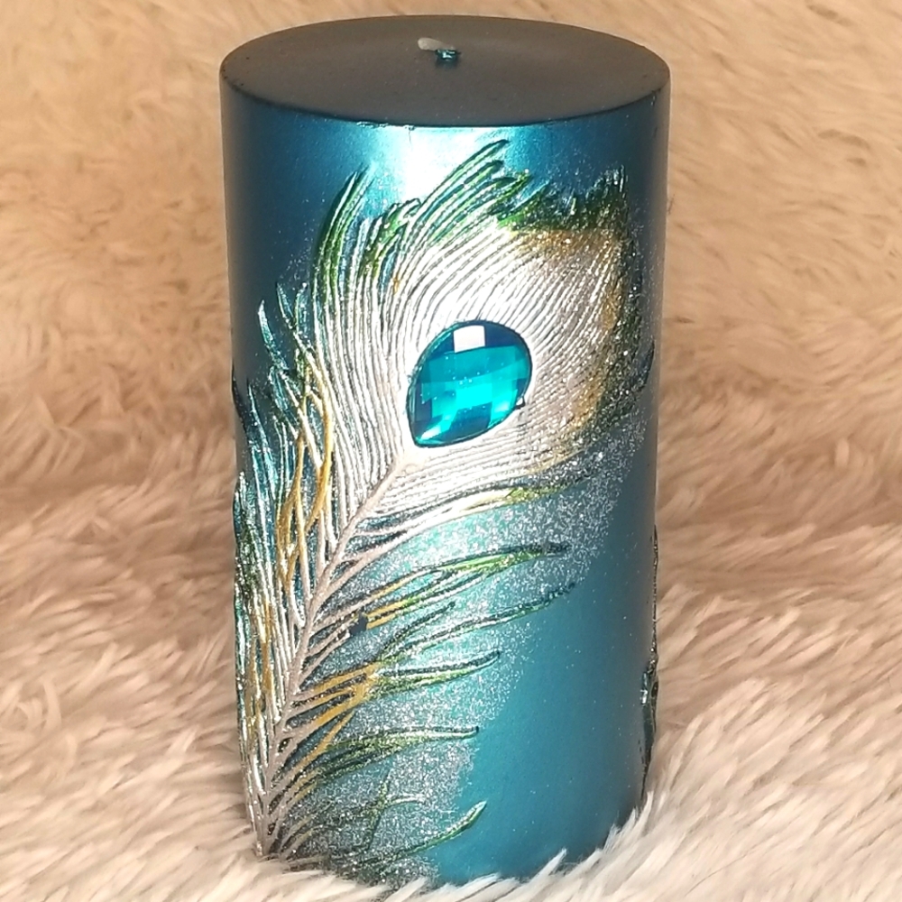 Decorative Candle - Turquoise Jeweled Feathers